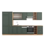Cuisine Fame-Line 355 cm vert et or avec plan de travail chêne
