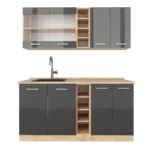 Cuisine R-Line anthracite brillant et chêne doré 160 cm sans plan de travail